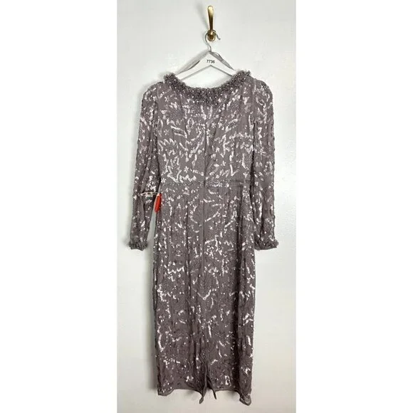 MAC DUGGAL Ruffle Neck Long Sleeve Sequin Midi Dress in Mauve Size US 6 - Picture 8 of 12